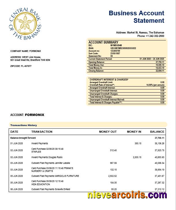 The Central Bank of Bahamian enterprise account statement